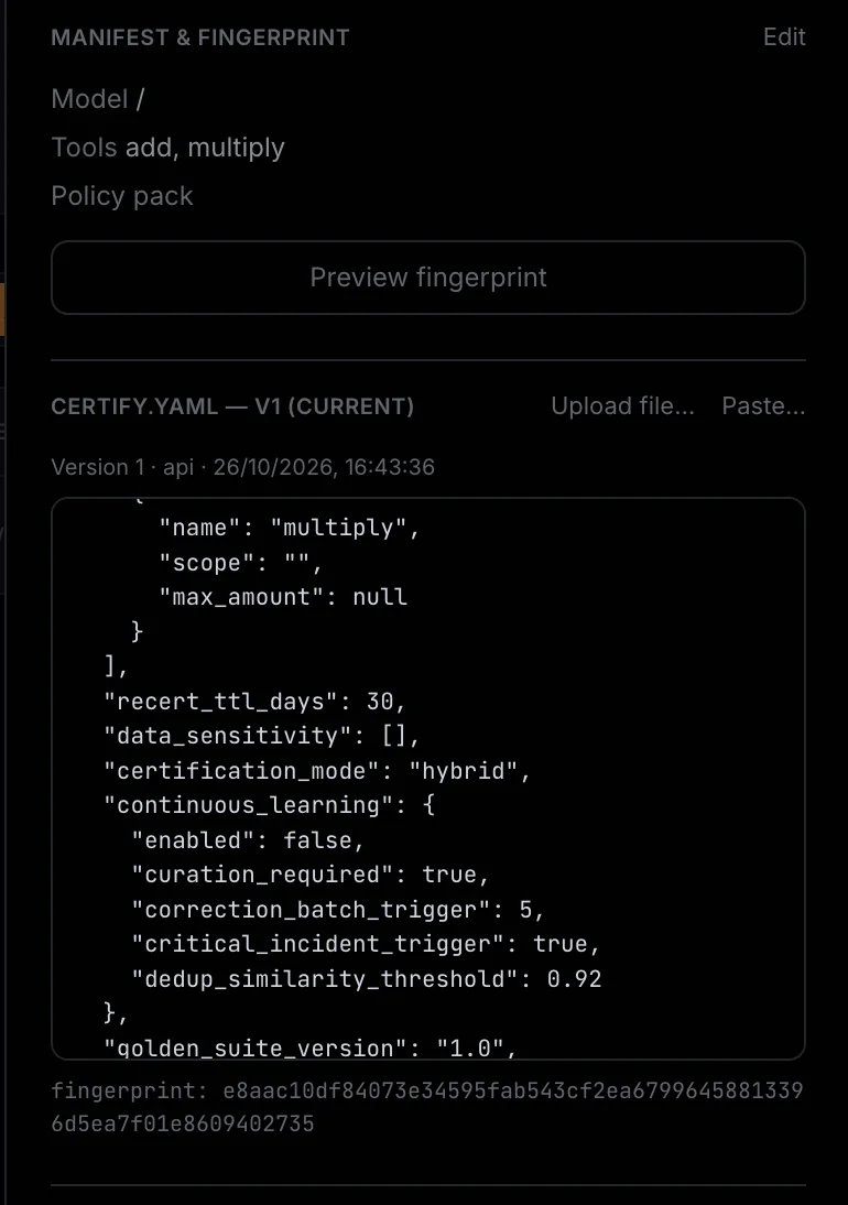 AgentTrust manifest and fingerprint panel showing declared tools, CERTIFY.YAML version, and a fingerprint